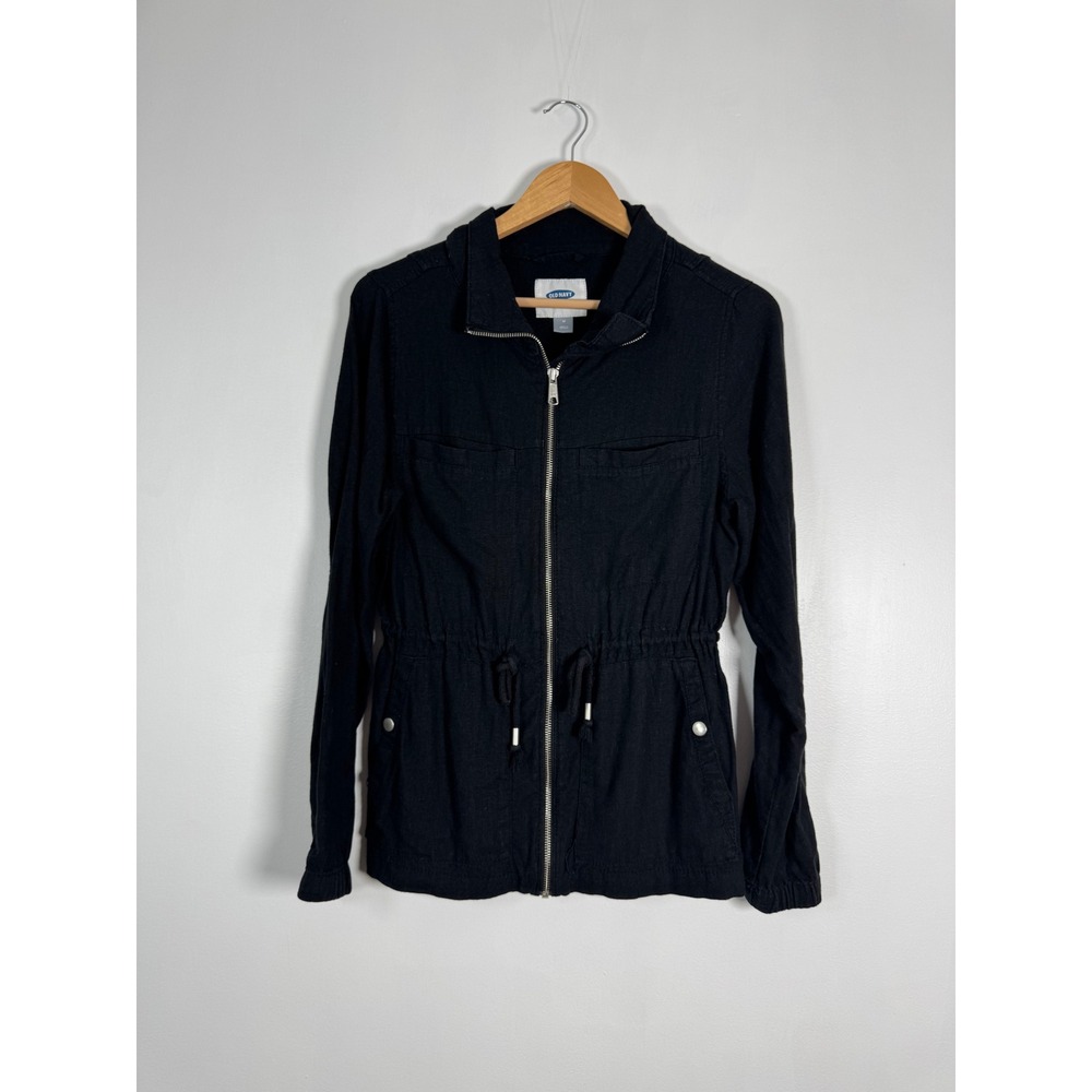 Utility Old Navy Womens Medium Jacket Black Linen Blend Zip Drawstring Waist